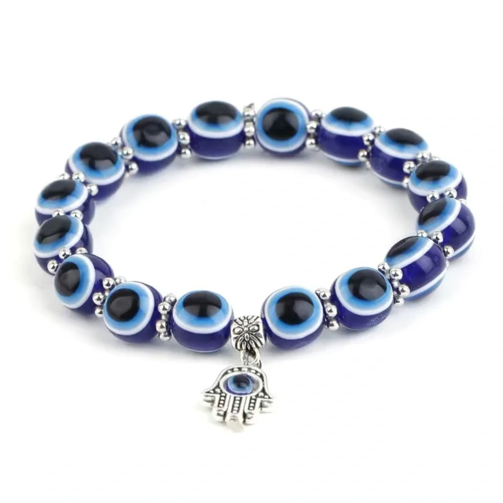 Blue Beaded Evil Eye Stretch Charm Bracelet - Picture 5 of 7